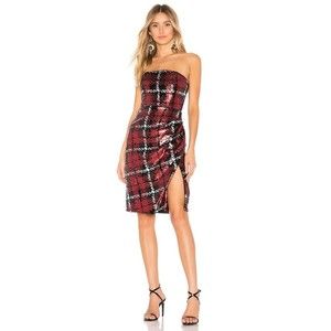 REVOLVE By NBD Womens Size XL Saskia Midi Strapless Dress Red Black Plaid Sequin